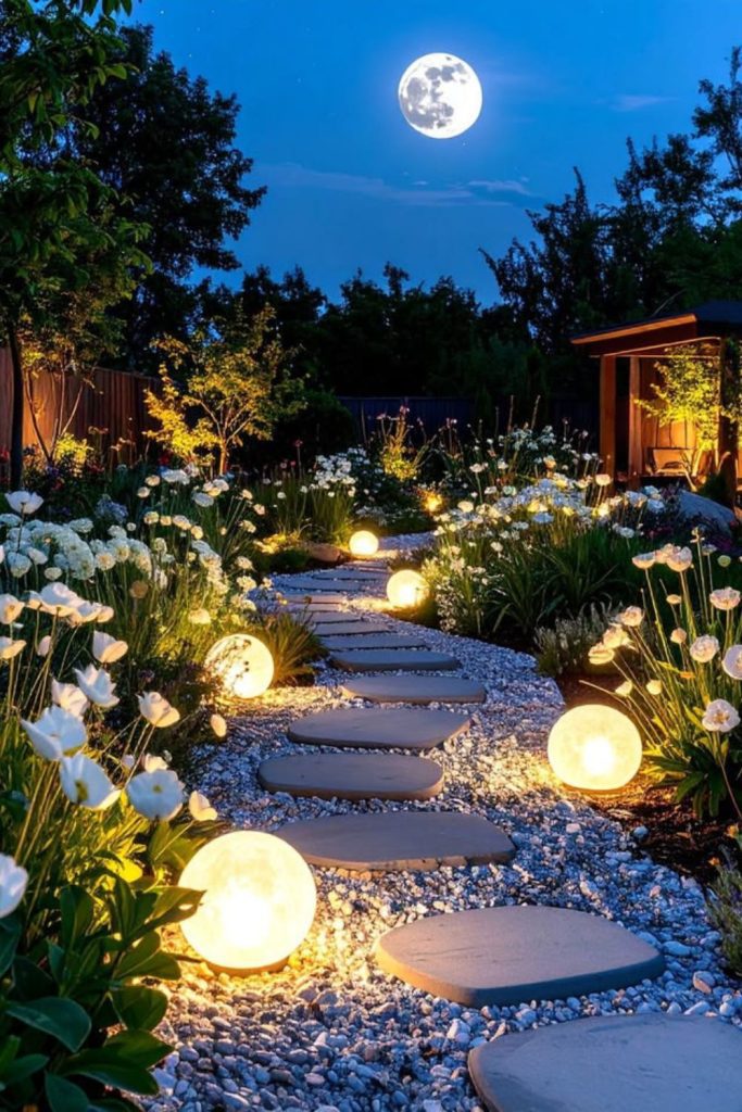 Moonlit garden with glowing flowers.