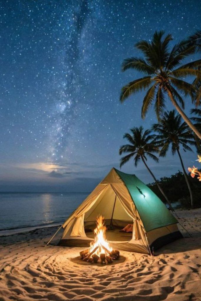 Moonlit shore ocean night camp vibe