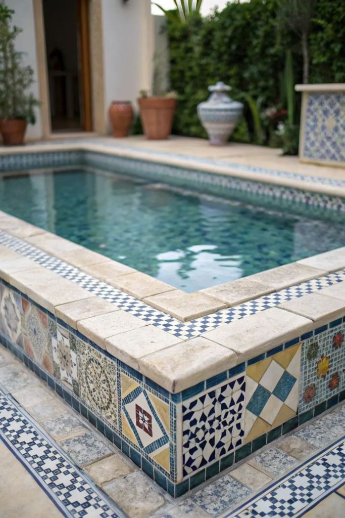 Moroccan mosaic patterned pool deck