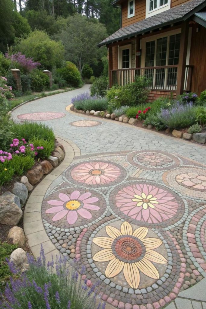 Mosaic-trim concrete patio colorful touch.