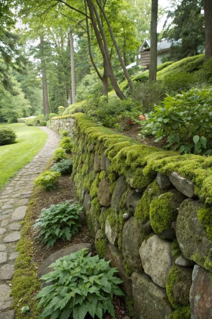 Moss covered stone ancient garden fence