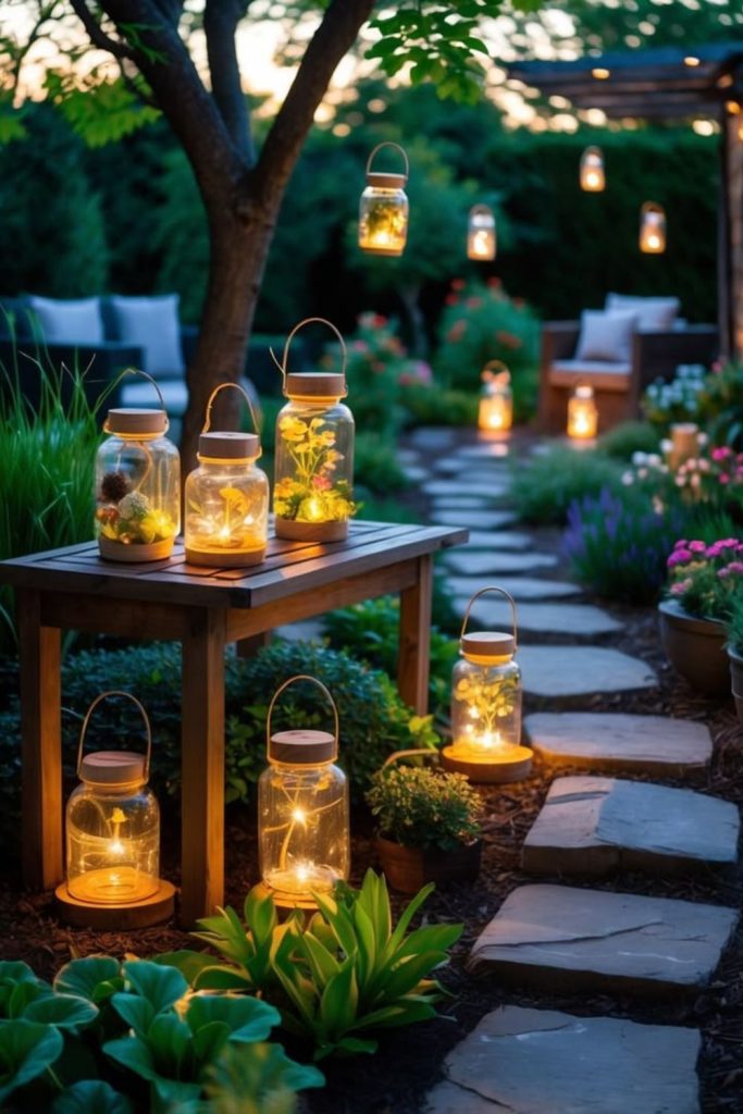 Moss garden with glowing lanterns.