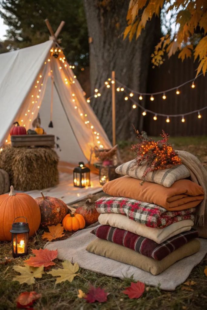 Autumn leaf forest cozy camp setup