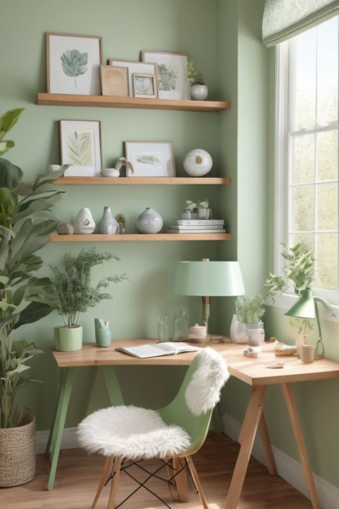 Sage green calm office workstation style.