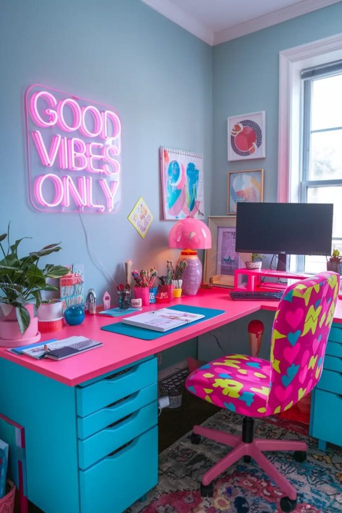 Neon LED futuristic productivity cubicle vibe.