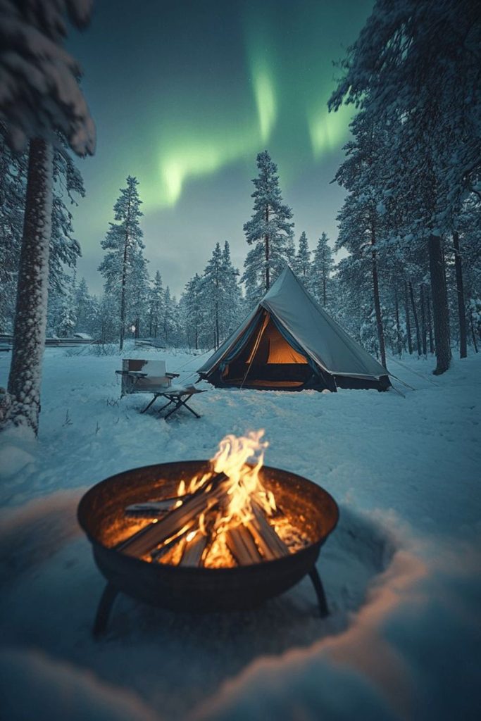 Nordic frost snowy glowing camp scene
