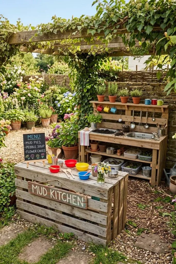 Old fence rustic mud kitchen.
