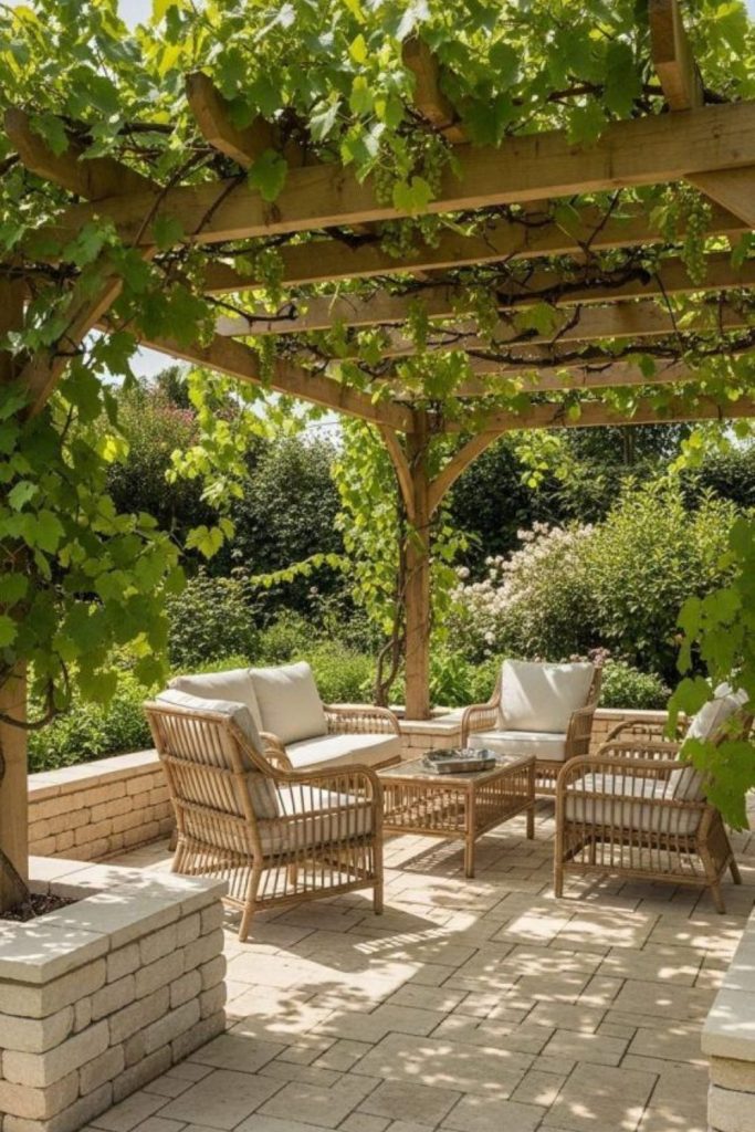 Rustic olive grove pergola patio.