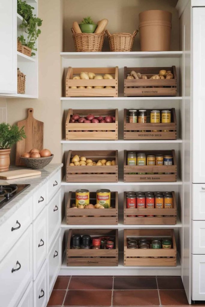 Pantry produce storage wooden crates.