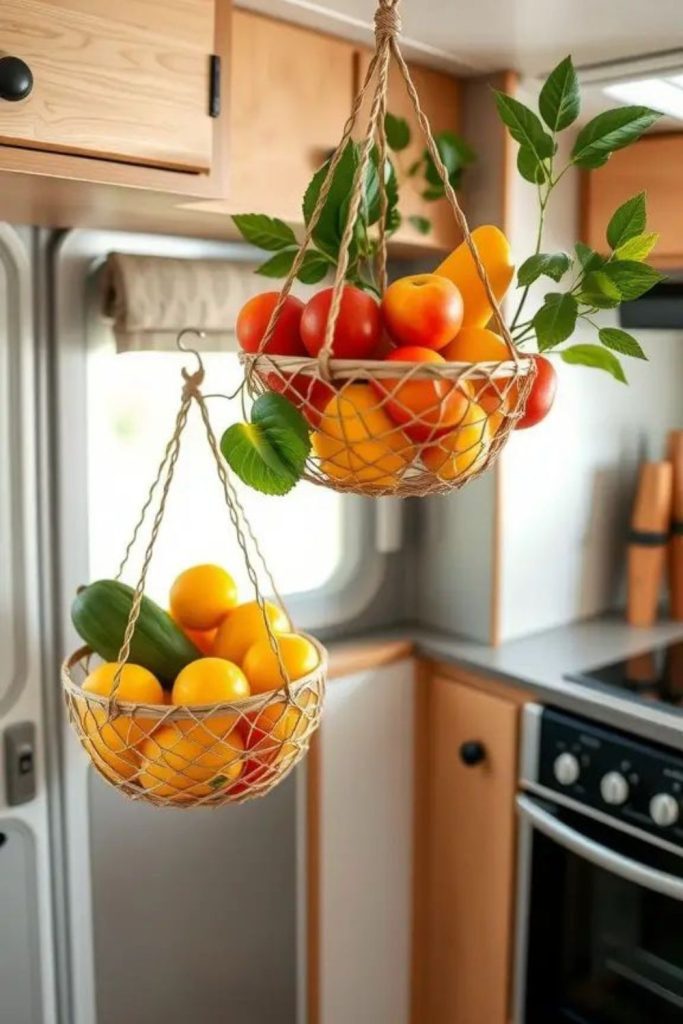 Hanging baskets for RV storage.