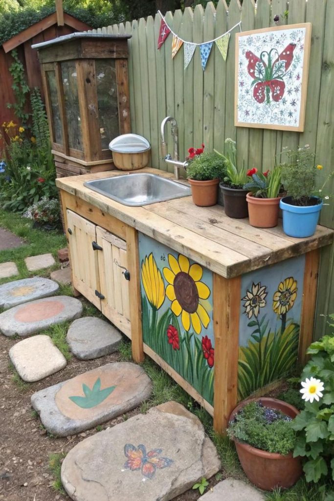 Painted fence mud kitchen design.
