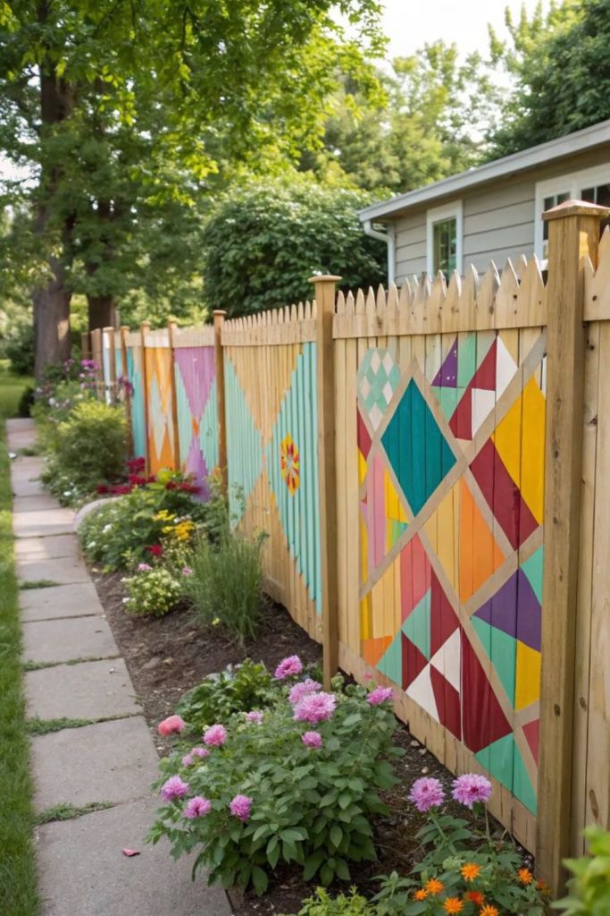 Painted geometric art colorful fence design