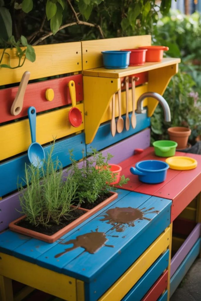 Wall colorful pallet outdoor mud kitchen wall