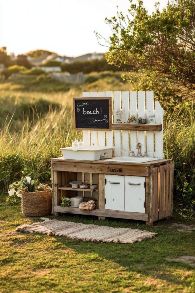 Painted pallet backyard mud kitchen.