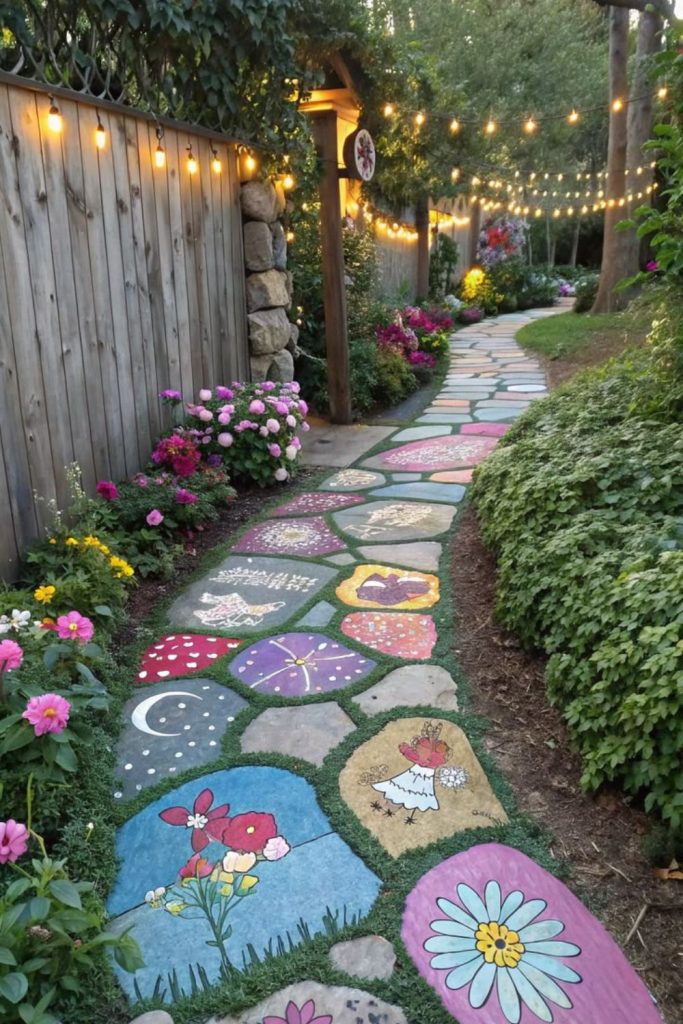 Painted rock decorative garden stepping path