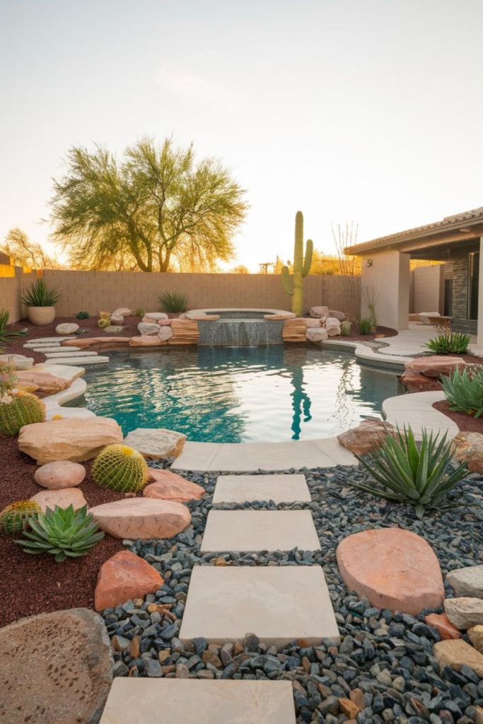 Painted river stone backyard pool pathway