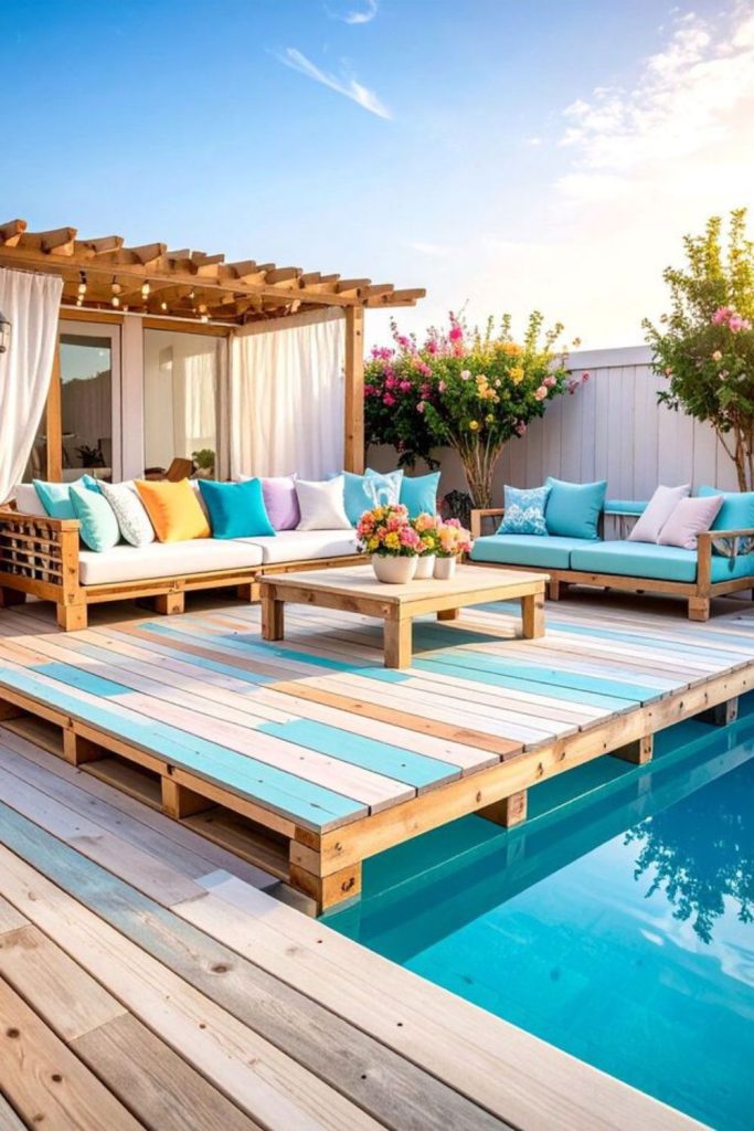 Pallet patchwork pool platform recycled wood design