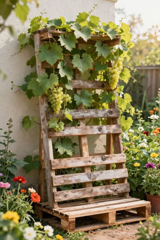 Pallet wood trellis for vegetables.