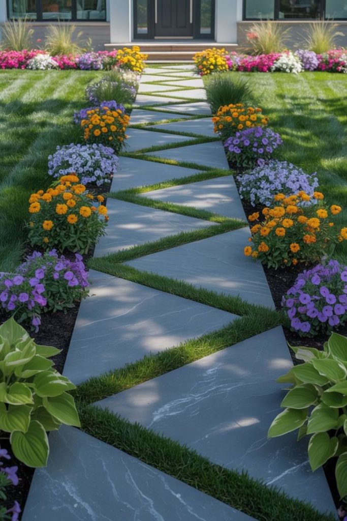 Framed garden walkway flowering plants