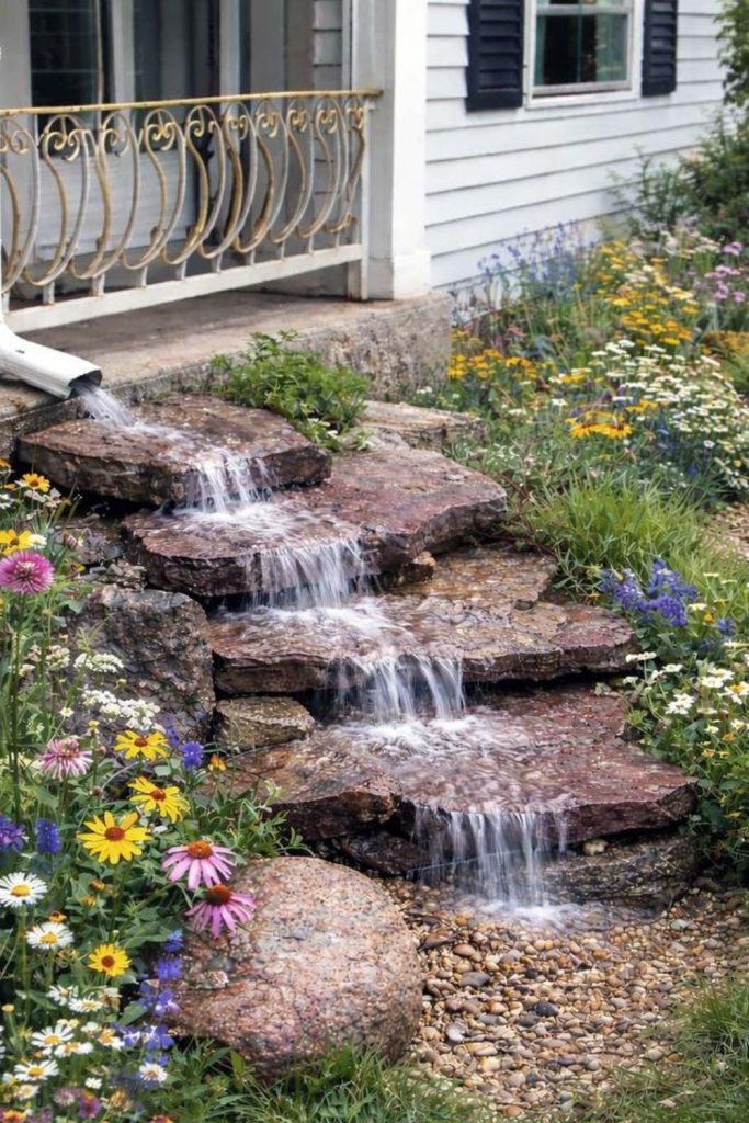Pebble lined garden drainage stream feature