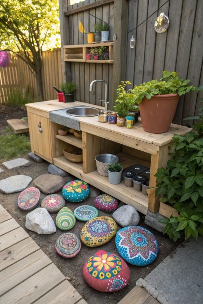 Pebble pathway mud kitchen corner.