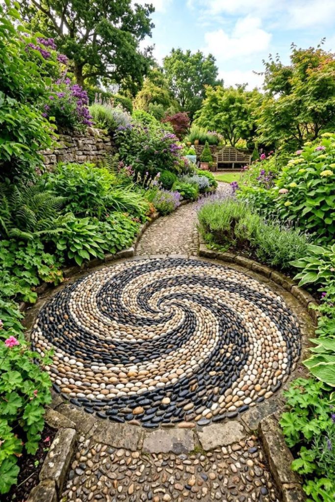 Spiral pebbles, artistic garden rock pattern.