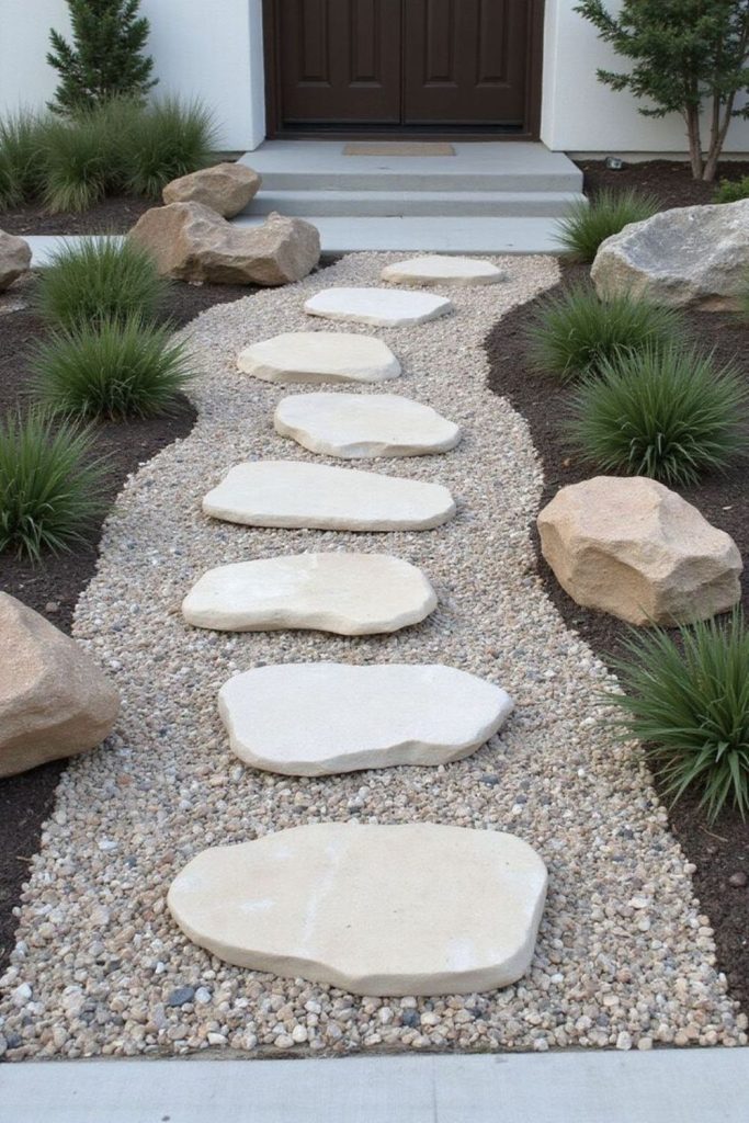 Curved pebble pathway with shrubs
