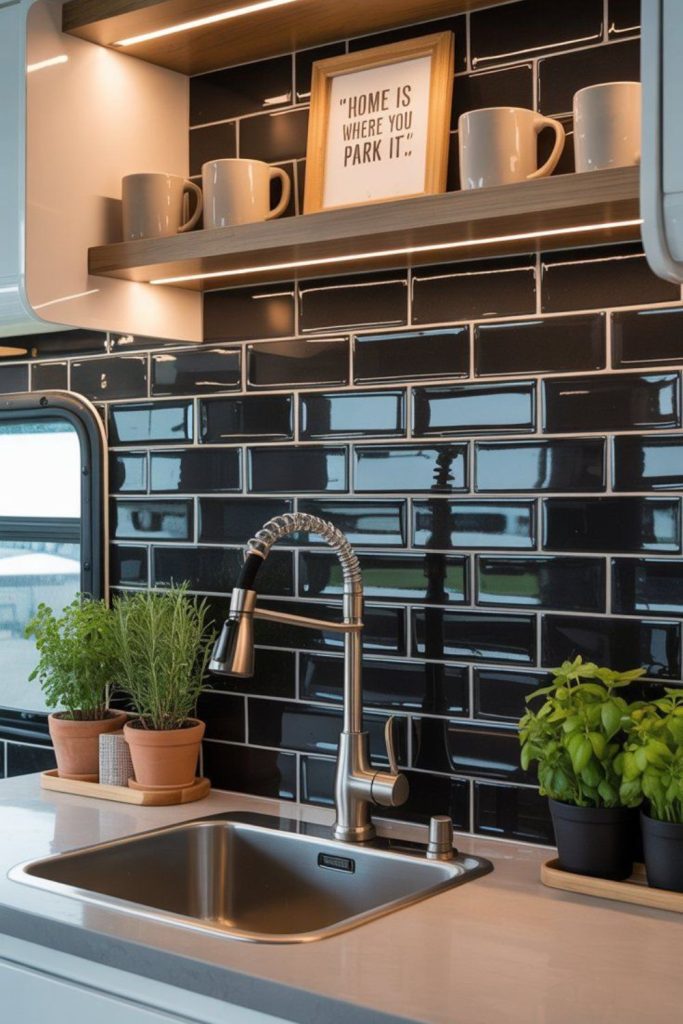 Peel-and-stick RV kitchen backsplash.