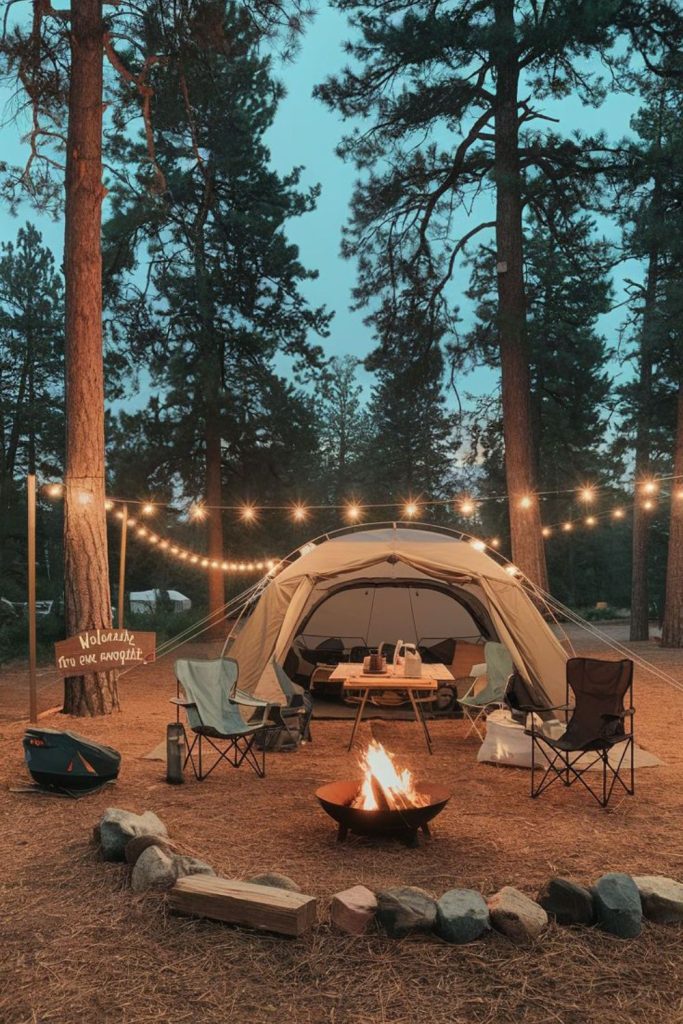 Pine forest campsite with fairy lights