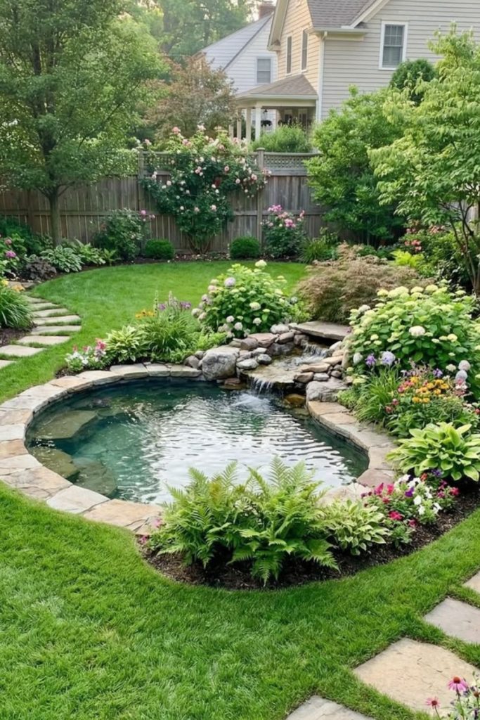 Peaceful pond surrounded by stones.