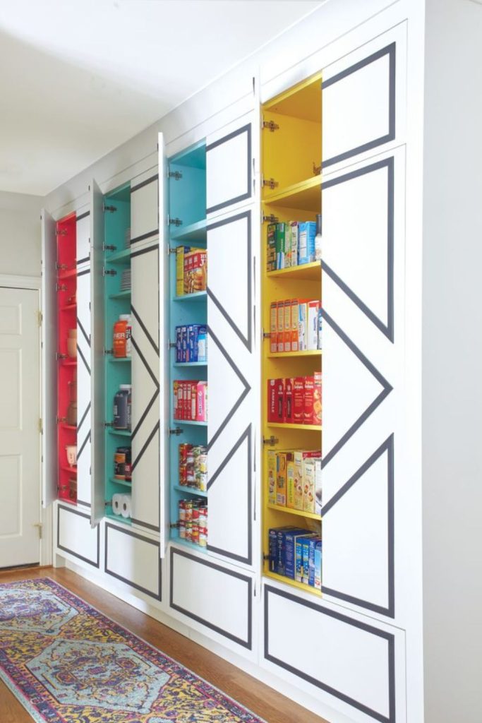 Color coded pantry shelf arrangement