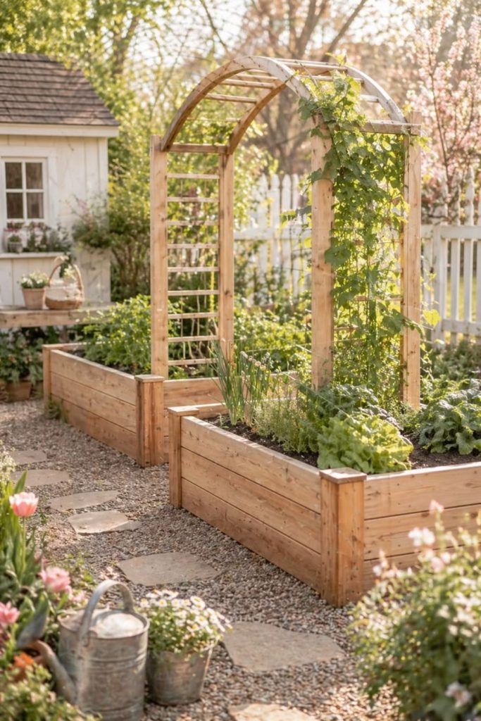 Raised bed trellis for vegetables.