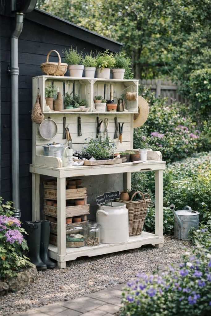 Reclaimed door garden potting station setup