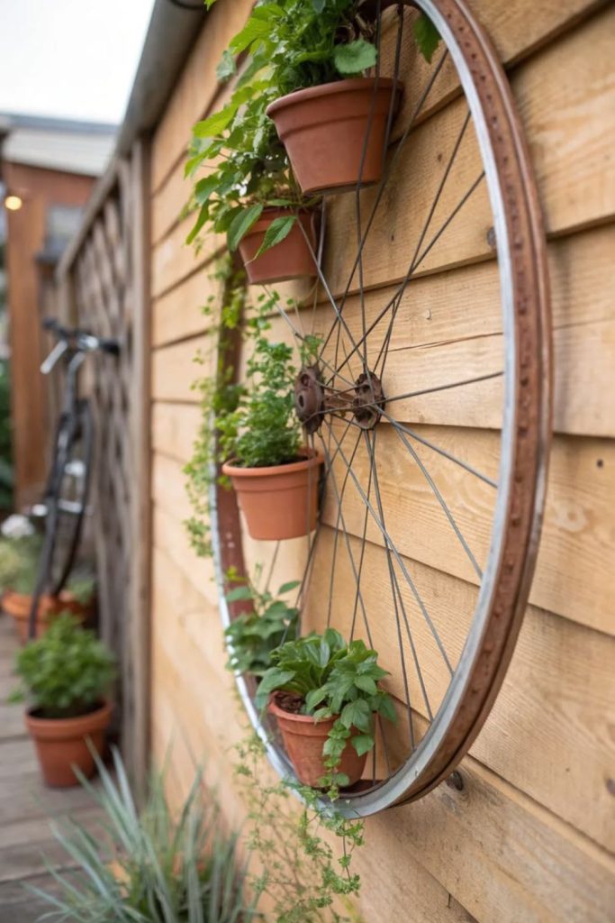 Bicycle wheel recycled plant trellis
