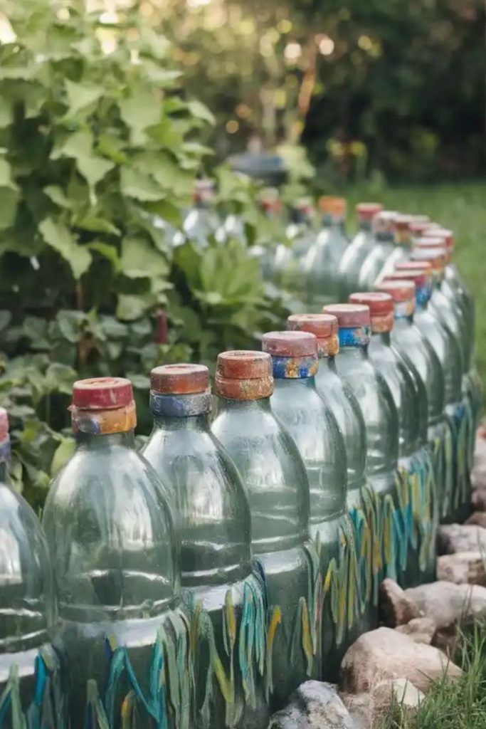 Recycled glass bottle garden edge decor