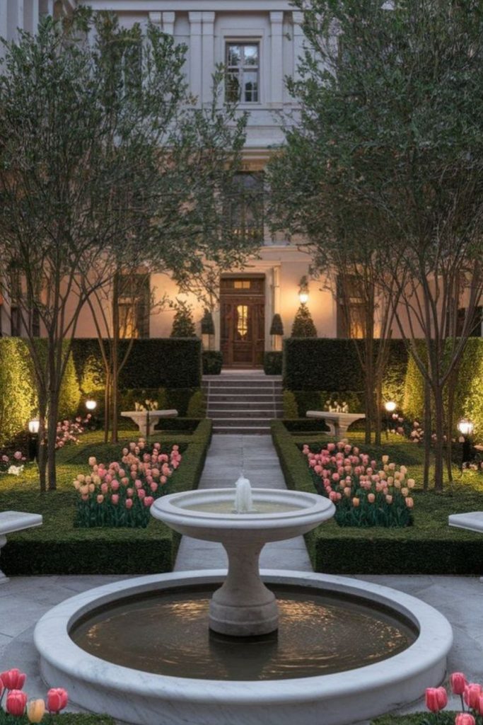 Reflective water mirror lawn calm pond reflection serene front garden