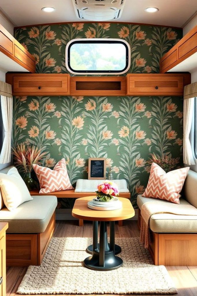 Removable wallpaper decorating RV walls.