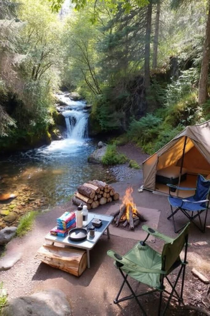 River bend flowing water camp scene