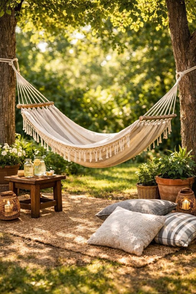 Peaceful riverside campsite with hammocks swinging
