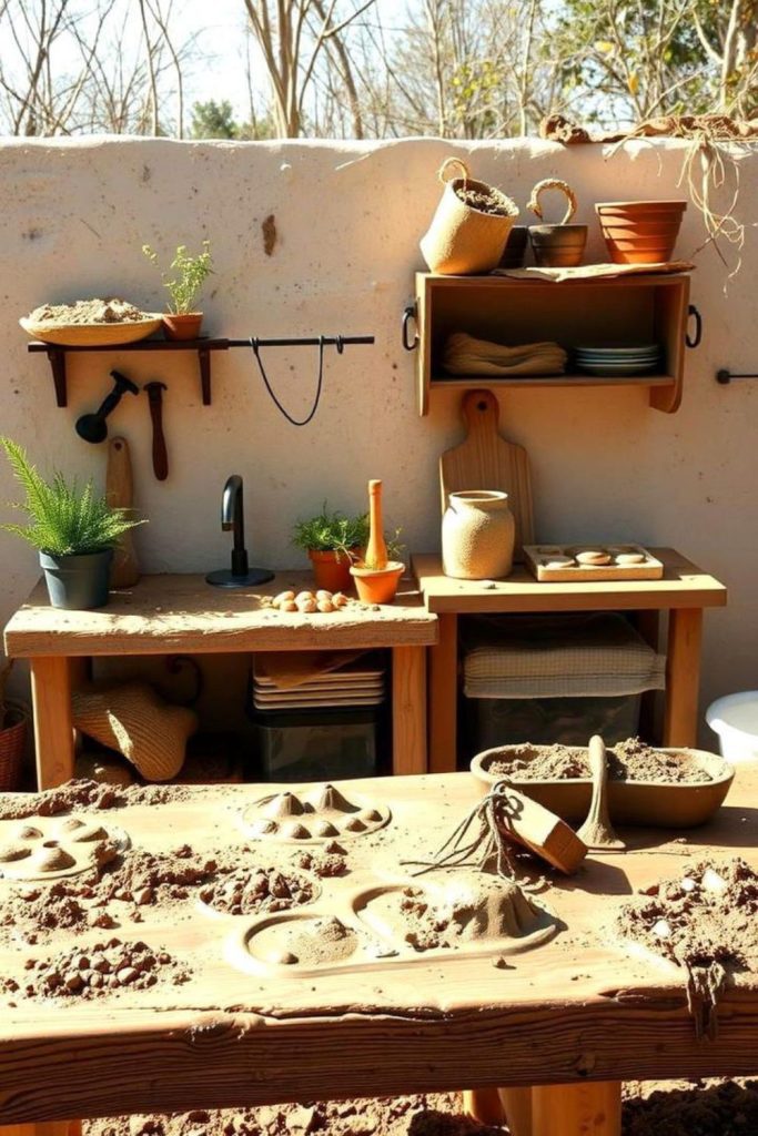 Stone bordered outdoor cooking play arena