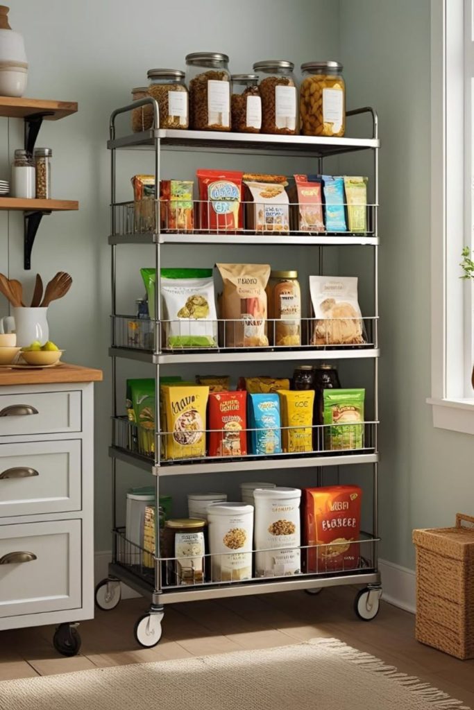 Mobile rolling pantry storage cart