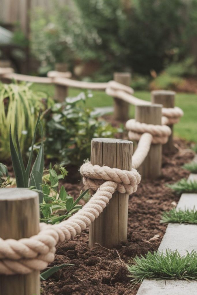 Rope pebble combo garden edging idea