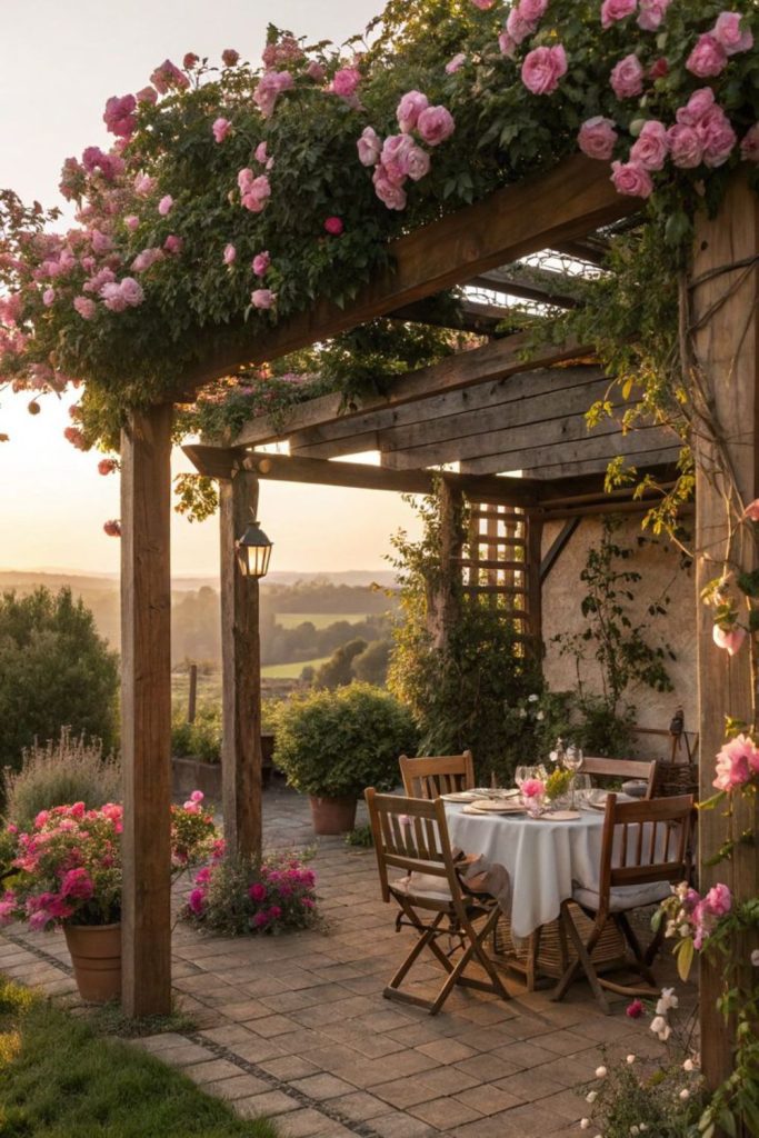 Rose-covered pergola cottage patio.