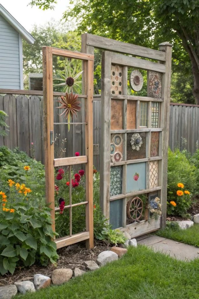 Rustic barnwood trellis garden screen.