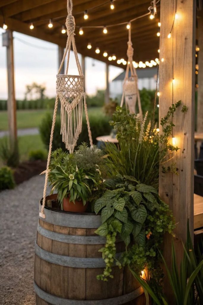 Wooden barrel flower hanging planter