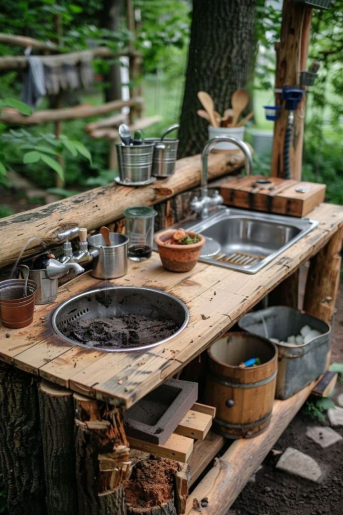 Counter wooden bench outdoor mud food station