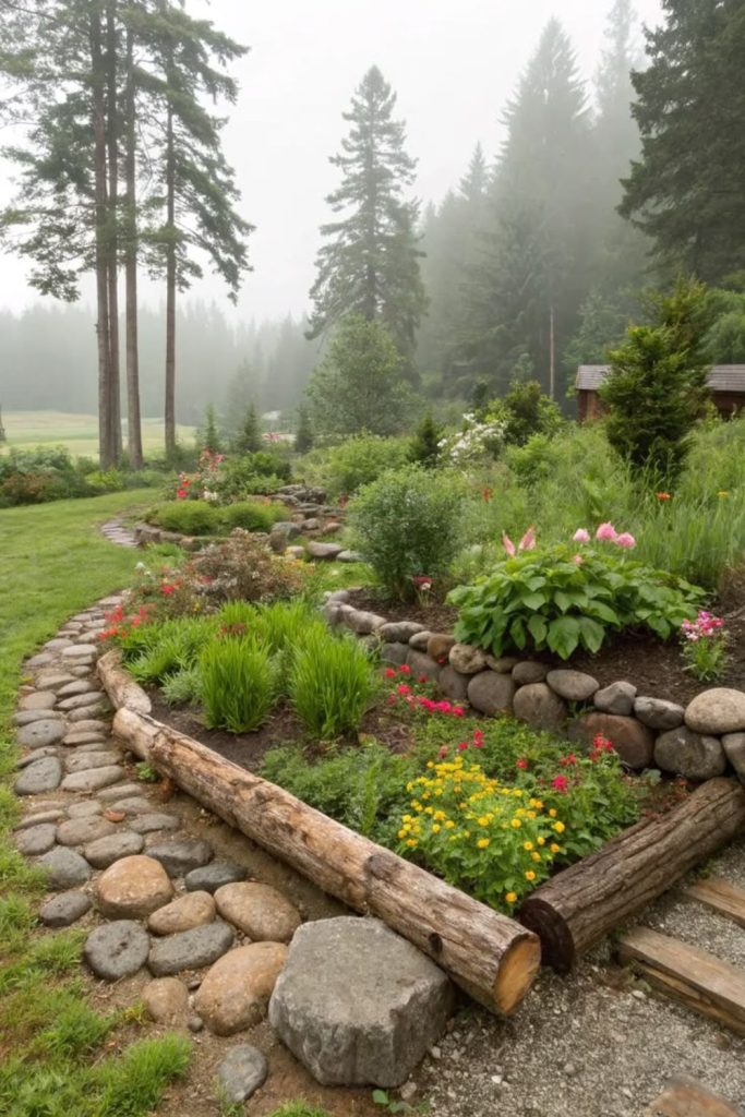 Clustered boulders, rustic nest stone design.