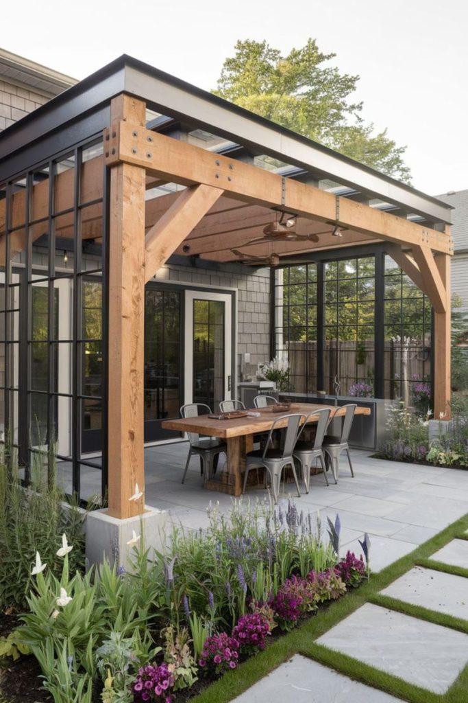 Rustic cabin-style concrete patio charm.