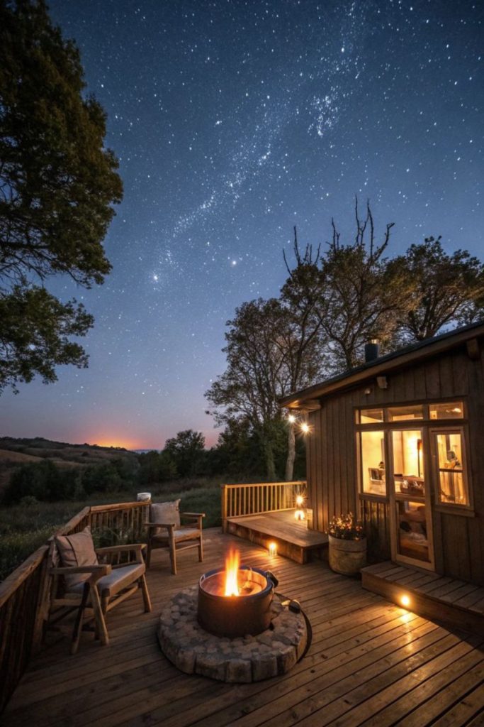 Riverside rustic campsite with lantern ambiance