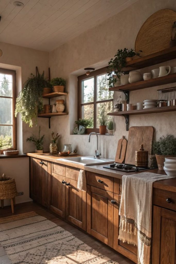 Glowing rustic ember kitchen interior